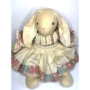 Vintage 80s Country Cloth Bunny Rabbit Doll Plush Calico Dress Apron Lace 15''"